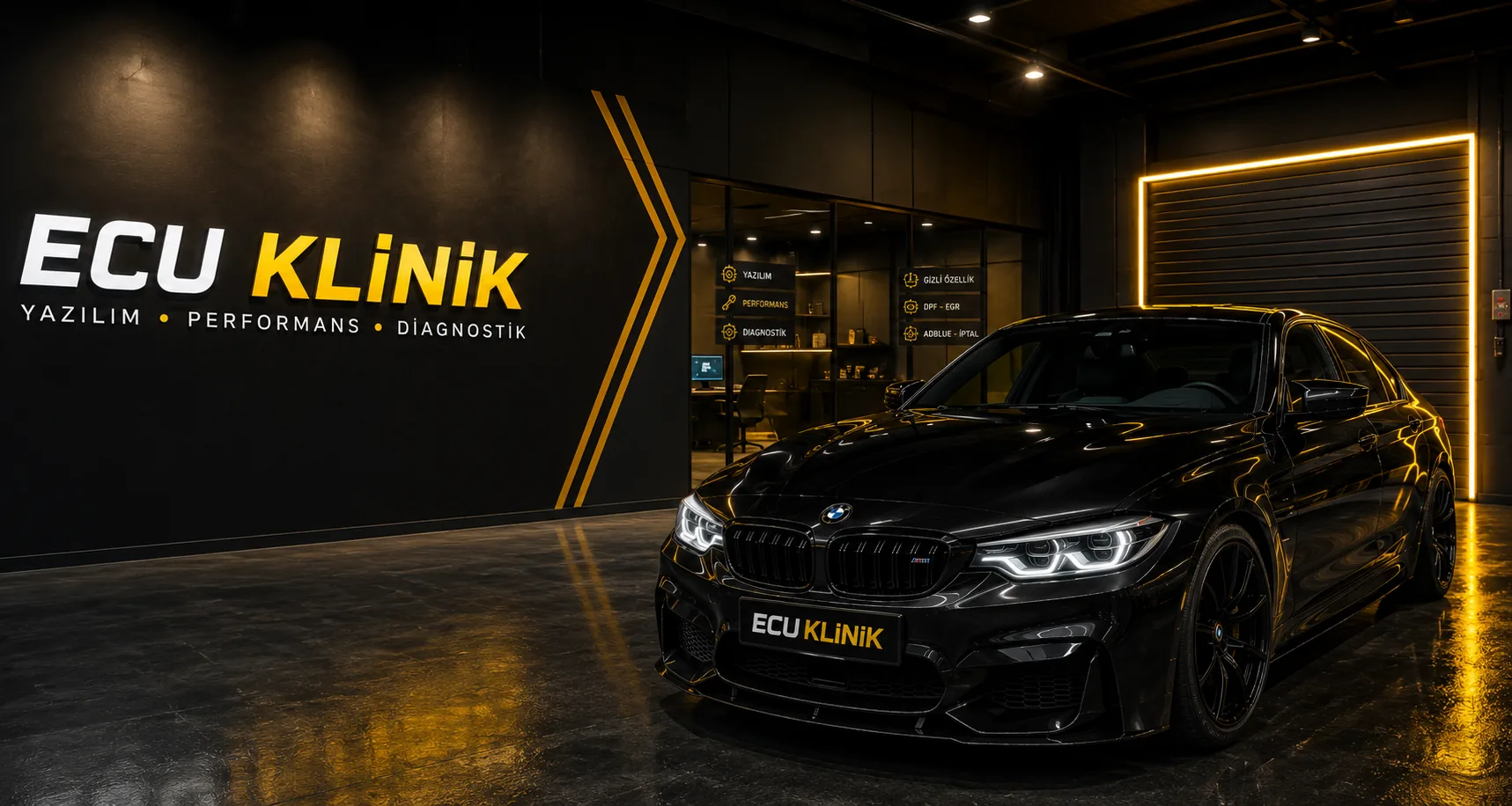 ECU Klinik showroom — 'ECU KLİNİK' tabelası ve siyah performans otomobili, Erdemli / Mersin